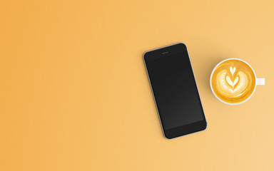 Modern workspace with coffee cup and smartphone copy space on orange color background. Top view. Flat lay style.
