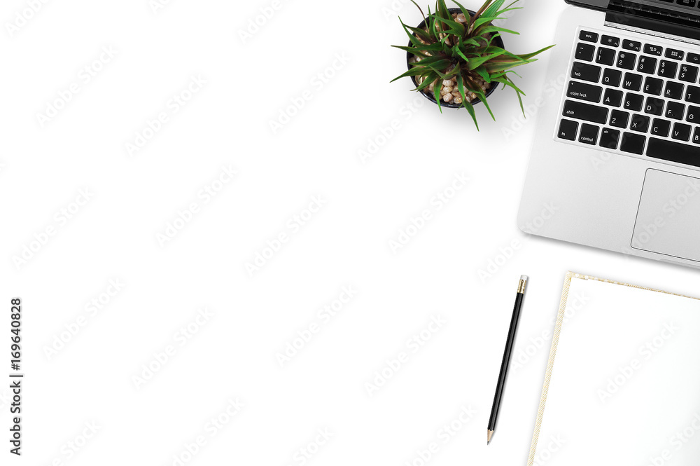 Poster modern workplace with laptop and notebook copy space on white table background. top view. flat lay s
