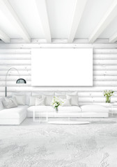 White bedroom minimal Interior design with wood wall and copyspace into an empty frame. 3D Rendering. 3D illustration