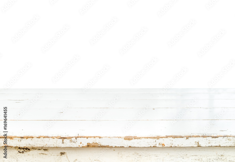 Poster Grunge empty white wood table top isolated with white background,Mock up for display or montage of product and replace your background