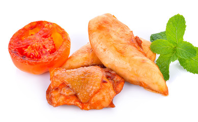 Teriyaki chicken and tomato sauce on white background