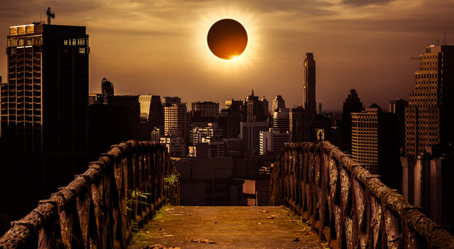 Amazing scientific natural phenomenon. Total solar eclipse glowing on sky.