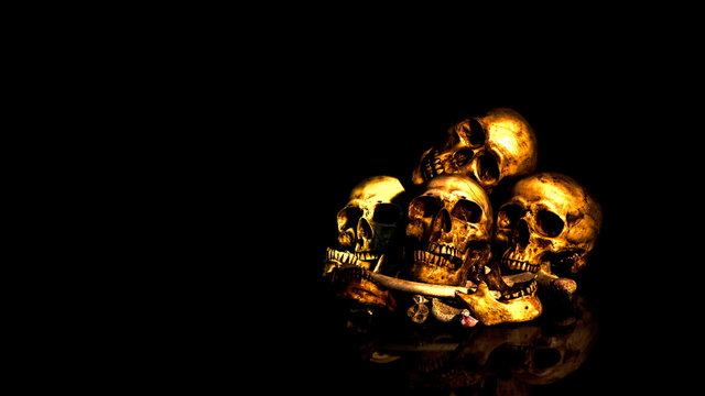 The visual art still life image of human skulls and pile bone