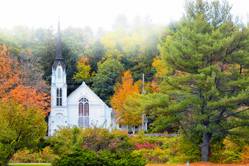 Church near Woodstock Vermont shot in morning fog