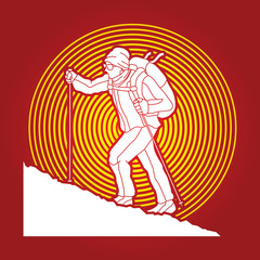 A man hiking on the mountain designed on sunlight background graphic vector