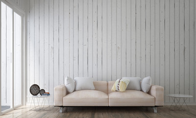 The interior design idea of living room and white wood wall background 