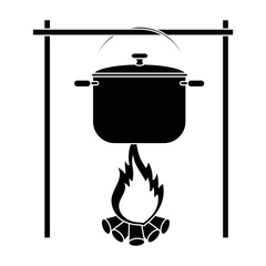 cooking pot over campfire icon over white background vector illustration