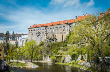 Fototapeta na wymiar Ancient cozy European city on the Vltava River. Cesky Krumlov, Southern Bohemia