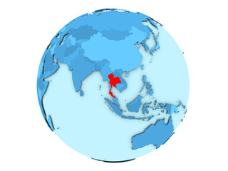 Thailand on blue globe isolated
