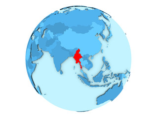 Myanmar on blue globe isolated