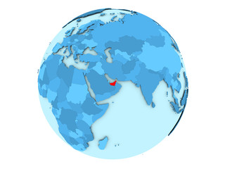 United Arab Emirates on blue globe isolated