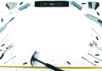 Set of various tools on white background.