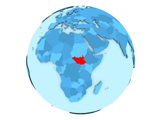 South Sudan on blue globe isolated