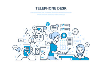 Telephone desk. Workplace, workflow office room. Colleagues, communications, teamwork, partnership.