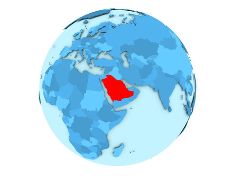 Saudi Arabia on blue globe isolated