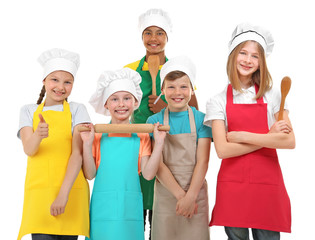 Group of children on white background. Concept of cooking classes