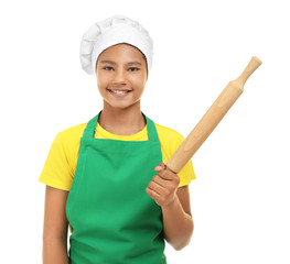 African American boy in chef uniform on white background. Concept of cooking classes