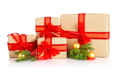 Composition with Christmas gifts on white background