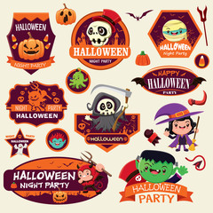Vintage Halloween label design with vector monster character. 