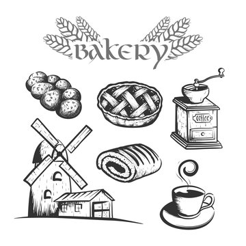 Set of bakery products for the design of the menu and style of the interior of a cafe or restaurant