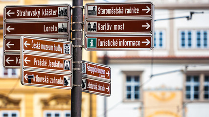 Road signs of directions of the main sights of Prague. The historical center of the city.