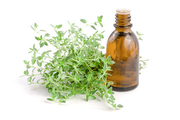 Bottle of essential oil with herbs thyme isolated on white background