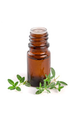 Bottle of essential oil with herbs thyme isolated on white background