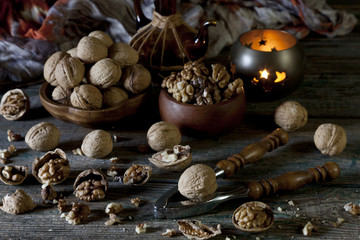A cup of black strong coffee and mint chocolate in an environment of sweets. Autumn concept, background, close up