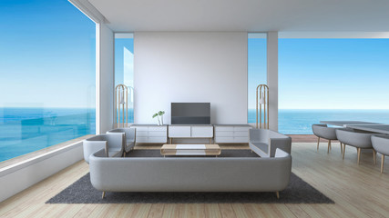Modern Living room wood floor with sofa set panorama sea view summer 3d rendering