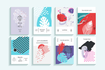 Collection of creative universal trendy cards. Hand Drawn textures. Modern Graphic Design for banner, poster, card, cover, invitation, placard, brochure, flyer. Vector isolated illustration.