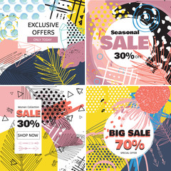Creative Sale banners with discount offer. Design for seasonal clearance. Trendy 80s-90s memphis style with floral elements. Vector illustration.