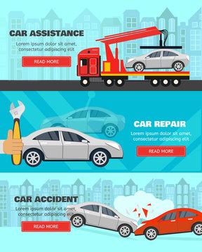Banner set about car assistance on road, accidents and service. Flat style horizontal banners. Vector illusrtation.