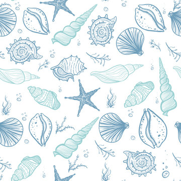Seashells seamless pattern. Hand drawn doodle seashells, starfish, seaweed and corals. Creative seashells vector background.