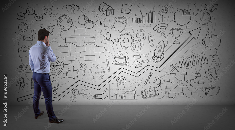 Poster businessman drawing a project sketch on a wall 3d rendering