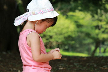 森林で木の実を拾う女の子