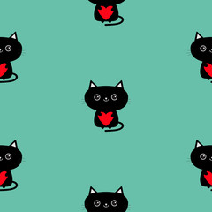 Cute black cat holding red heart. Pattern Seamless. Funny cartoon animal character. Kitty kitten. Baby pet collection. Wrapping paper, textile template. Blue background. Isolated. Flat design.