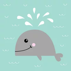 Peel and stick wall murals Whale Gray whale with water fountain. Sea ocean life. Cute cartoon character with eyes, tail, fin. Smiling face. Kids baby animal collection. Flat design Blue wave background Isolated.