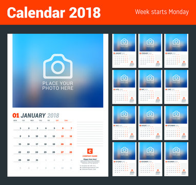 Wall calendar planner template for 2018 year. Vector design print template with place for photo. Week starts on Monday. Set of 12 months