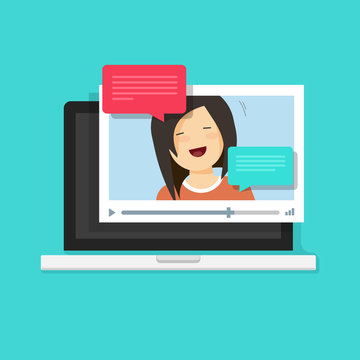 Video chatting online on computer vector illustration, flat cartoon video player window with speaking happy girl and bubble speeches messages on laptop, concept of on-line chat app, internet talk call