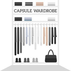 Vector flat illustration for magazines with women's closet. Minimalistic scandinavian style capsule wardrobe.