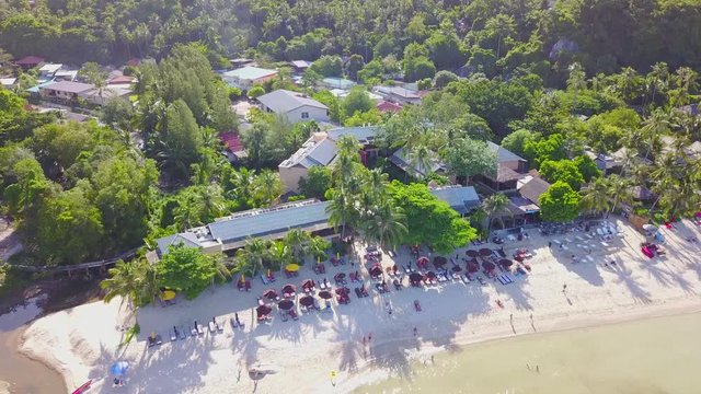 Aerial view from the drone on the sand beach of Thailand,koh Phangan island,Thong Nai Pan Noi beach line view