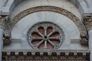 Details of the facade of Church San Michele in Foro (Saint Michael) in Lucca, Italy.