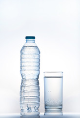 Bottle and glass with water on white background.water glass