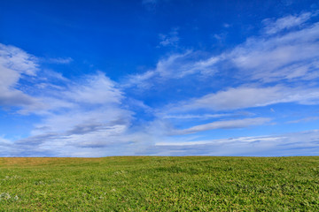 Fototapeta na wymiar Background of blue sky, cloud and meadow