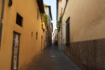 Fototapeta na wymiar Narrow old cozy street in Lucca, Italy. Lucca is a city and comune in Tuscany. It is the capital of the Province of Lucca