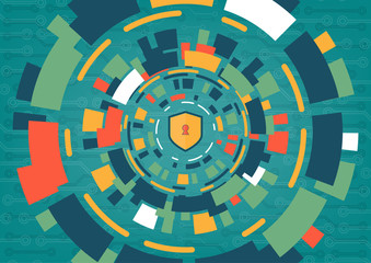 Cyber security concept vector illustration. Shield with keyhole on multicolor technology circle  background.