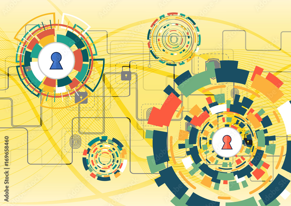 Wall mural cyber security concept vector illustration. shield with keyhole on multicolor technology circle back