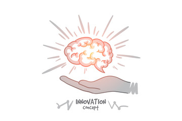 Innovation concept. Hand drawn humans brain in hands. Brain as a symbol of creativity and ideas isolated vector illustration.