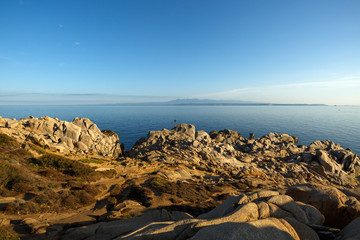 View on Corsica, from Capo Testa, Sardinia, Italy