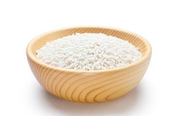 Glutinous rice in a wooden bowl.